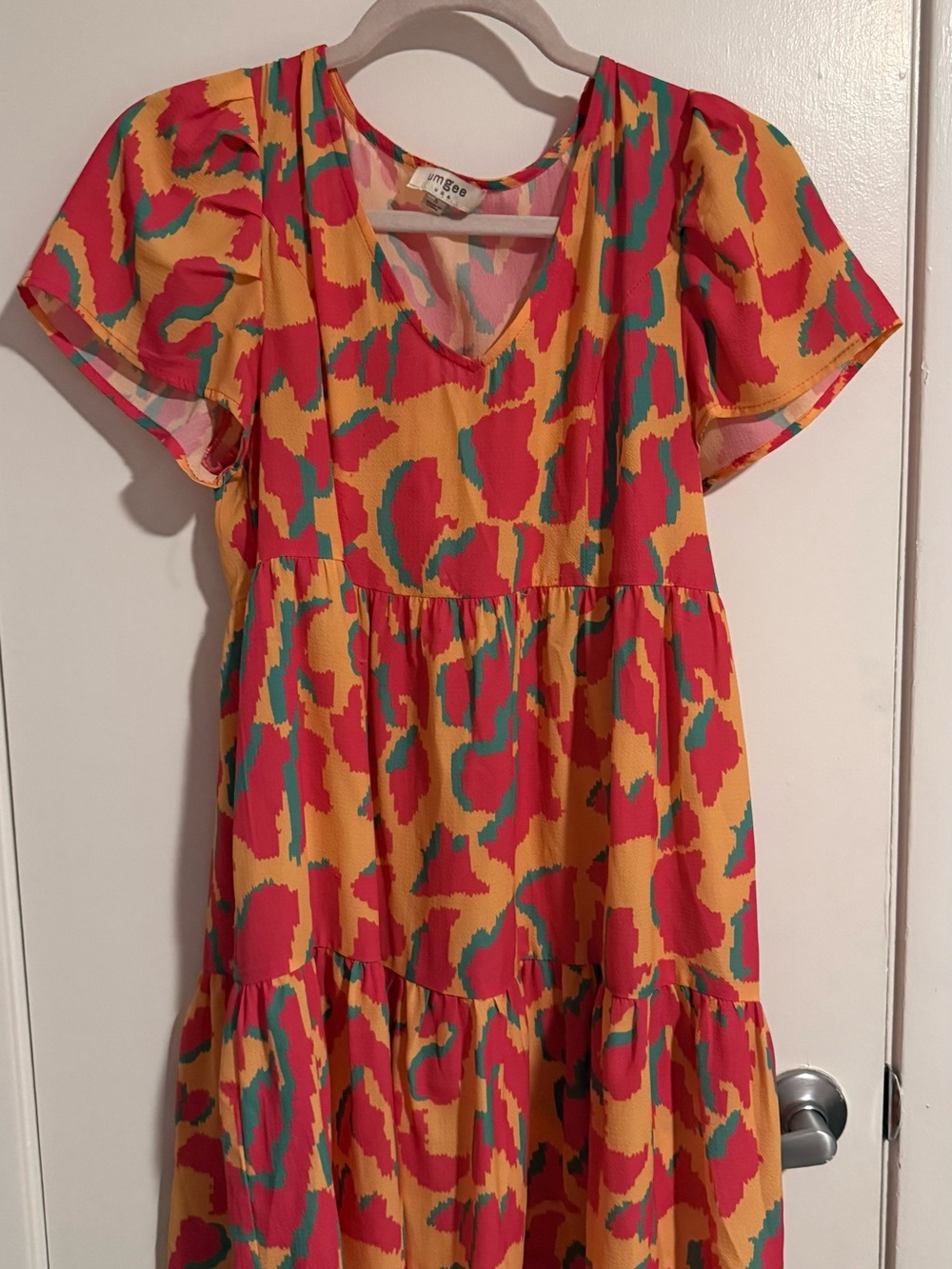 Umgee Yellow, Pink & Teal V‑Neck Tiered Dress